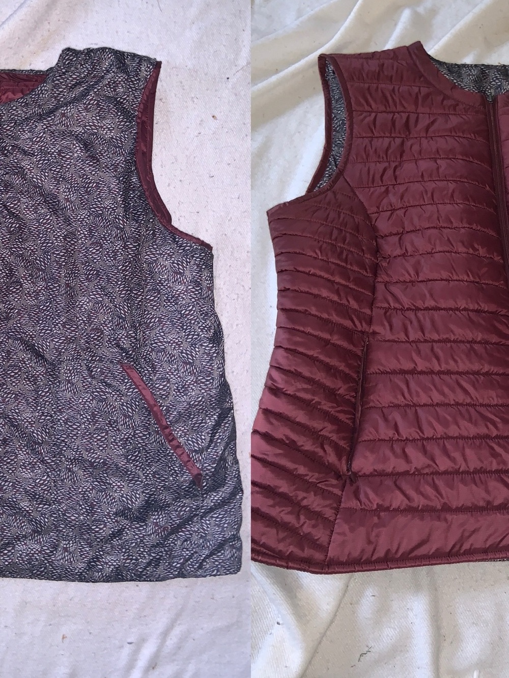 Women's Quilted Reversible puffer Vest - Burgundy gray pine cones Orvis large